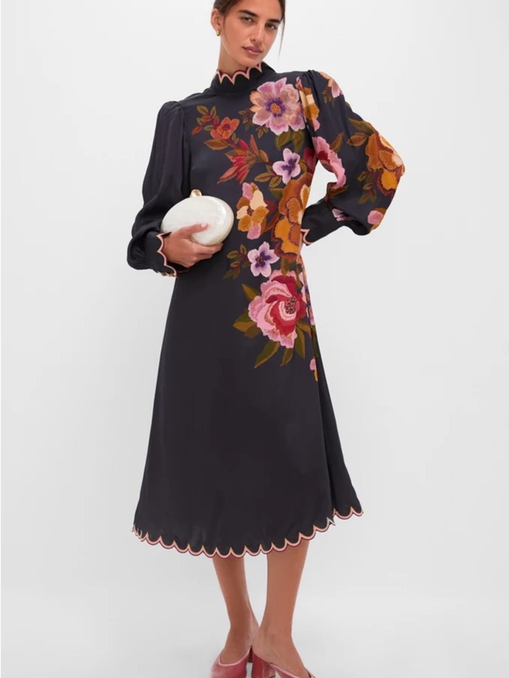FARM RIO Black Chenille Flowers Midi Dress